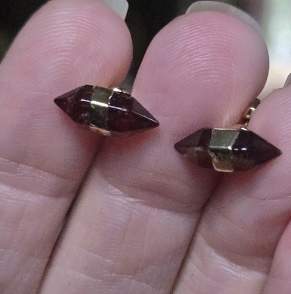 Garnet natural crystal gemstone pillar sterling & gold earrings - Picture 3 of 9